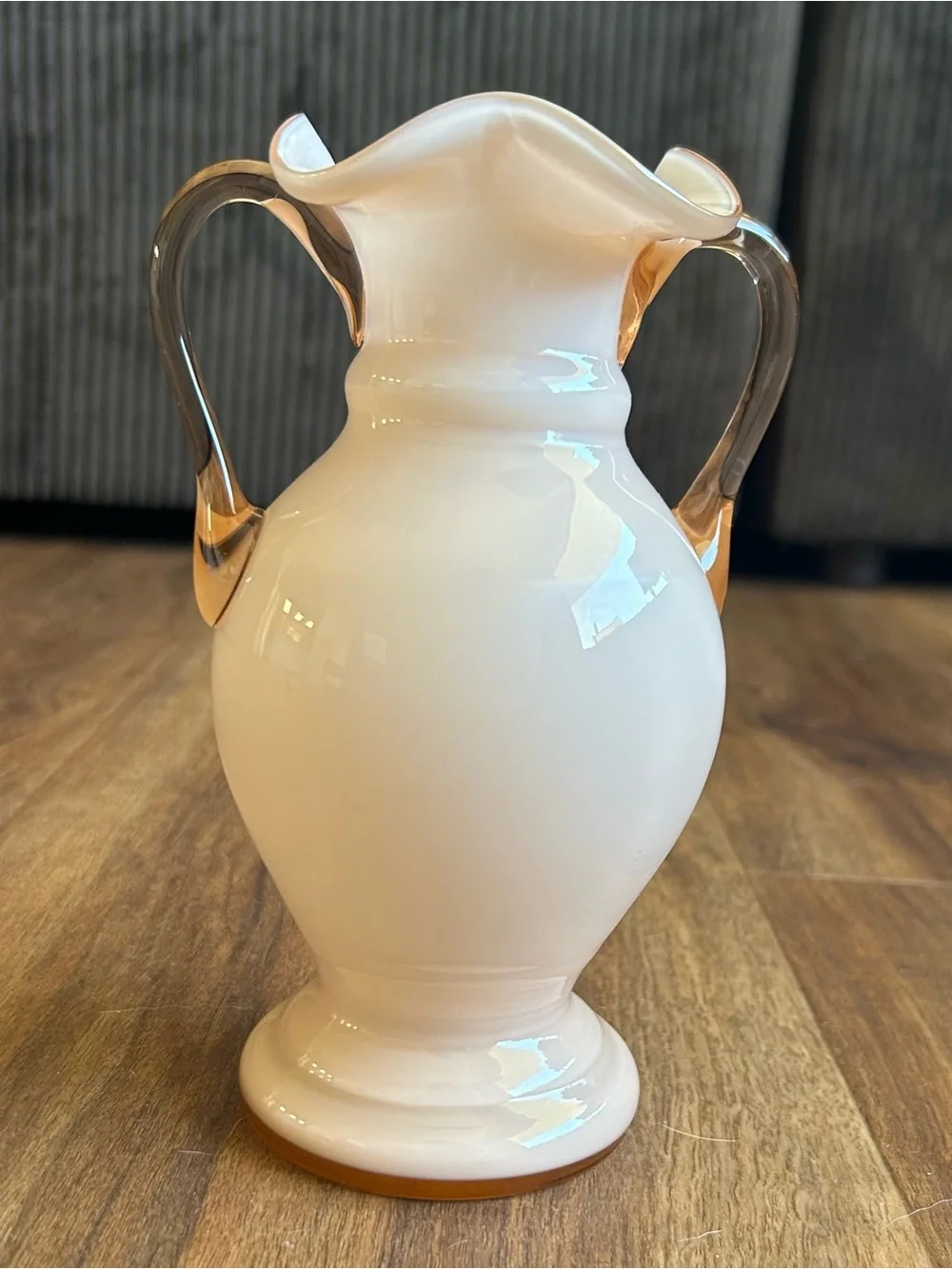Antique 1920s–1930s Czechoslovakian Art Glass Vase Blush Pink Ruffled Double Han
